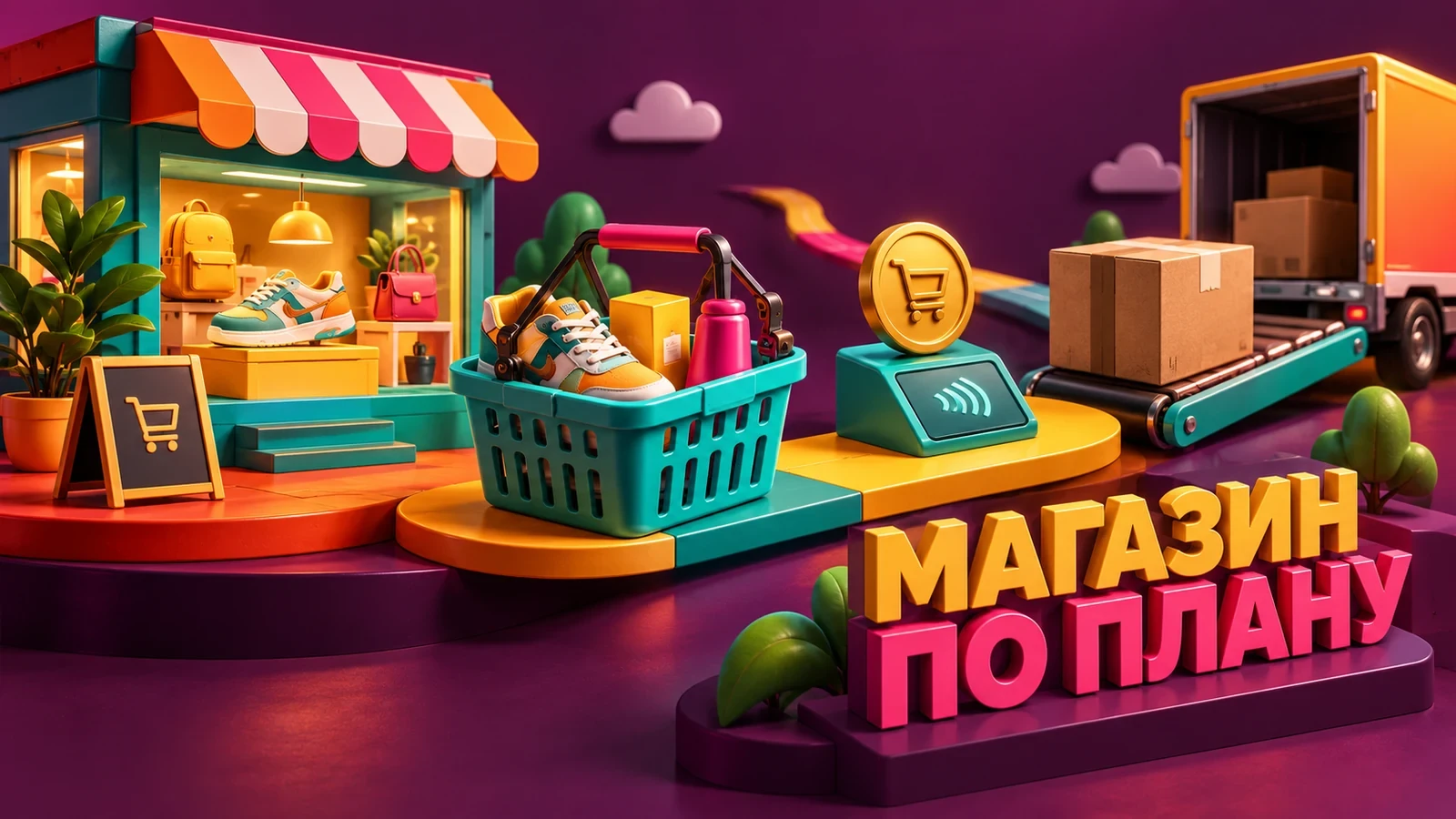 Предметный яркий постер с витриной, корзиной и доставкой: «Магазин по плану»