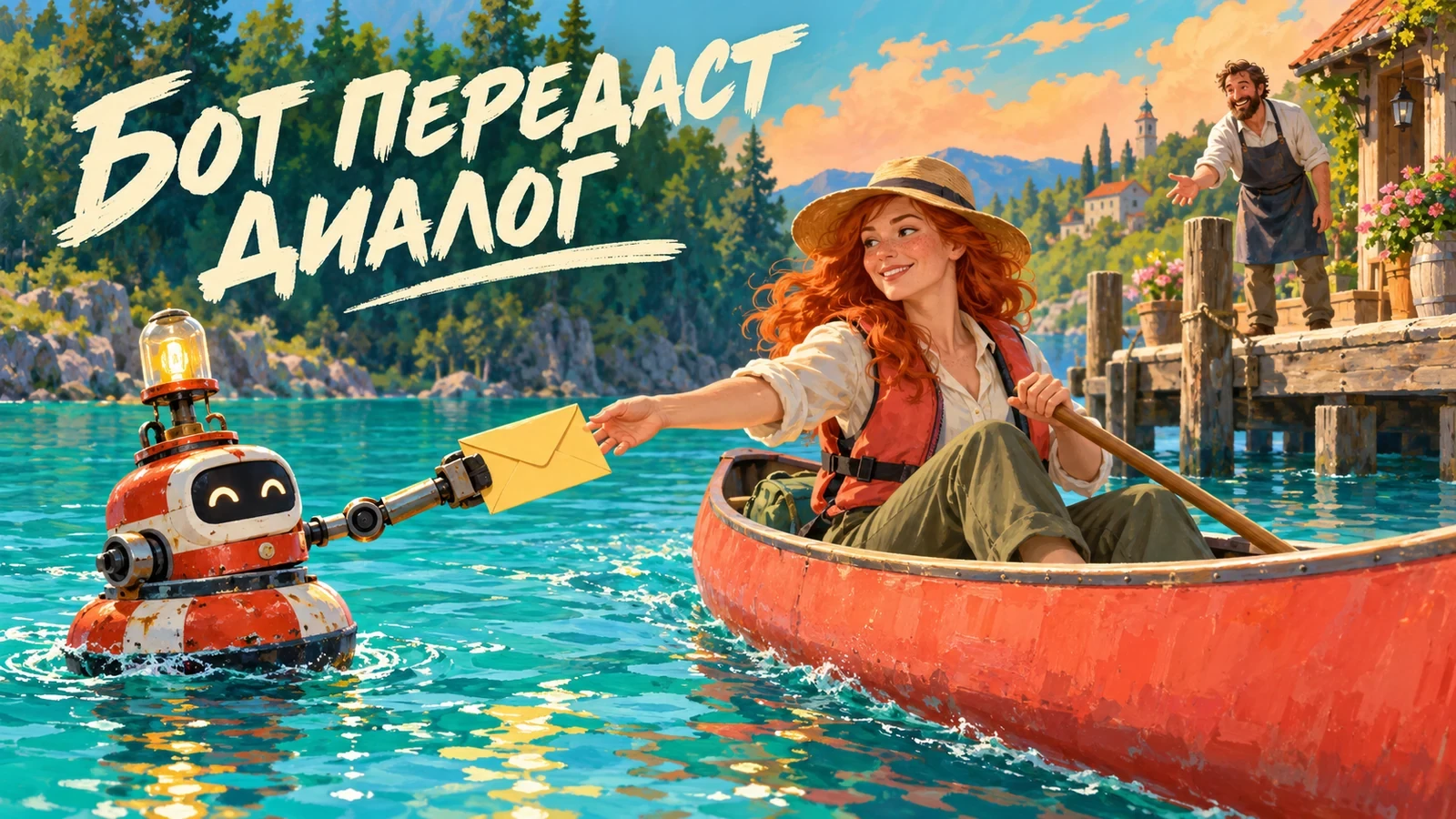 Девушка в каноэ получает конверт от робота и передаёт диалог человеку на пристани. Гуашевый постер «БОТ ПЕРЕДАСТ ДИАЛОГ».