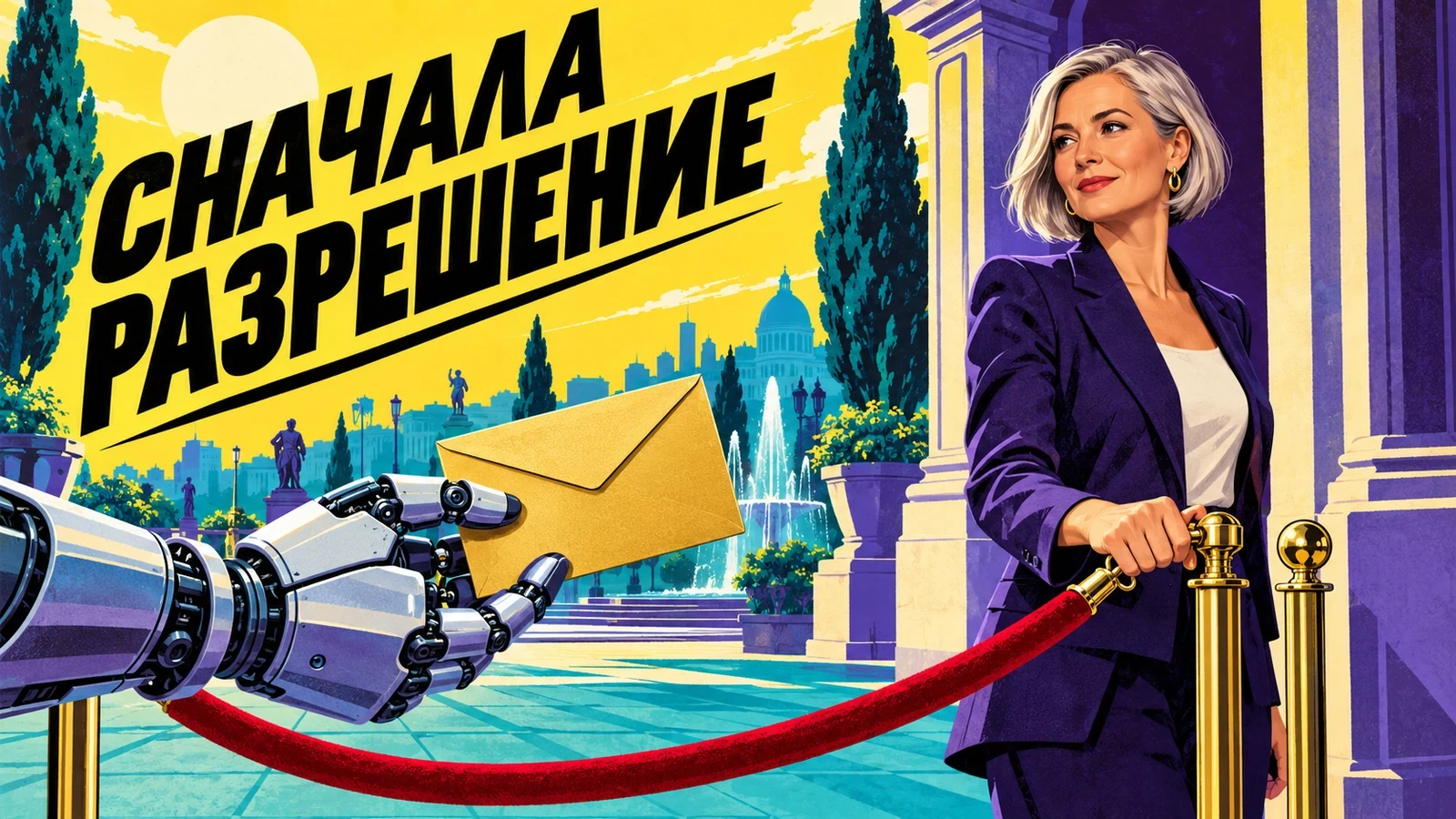 Женщина у красного ограждения контролирует передачу конверта механической рукой. Плакат «СНАЧАЛА РАЗРЕШЕНИЕ».