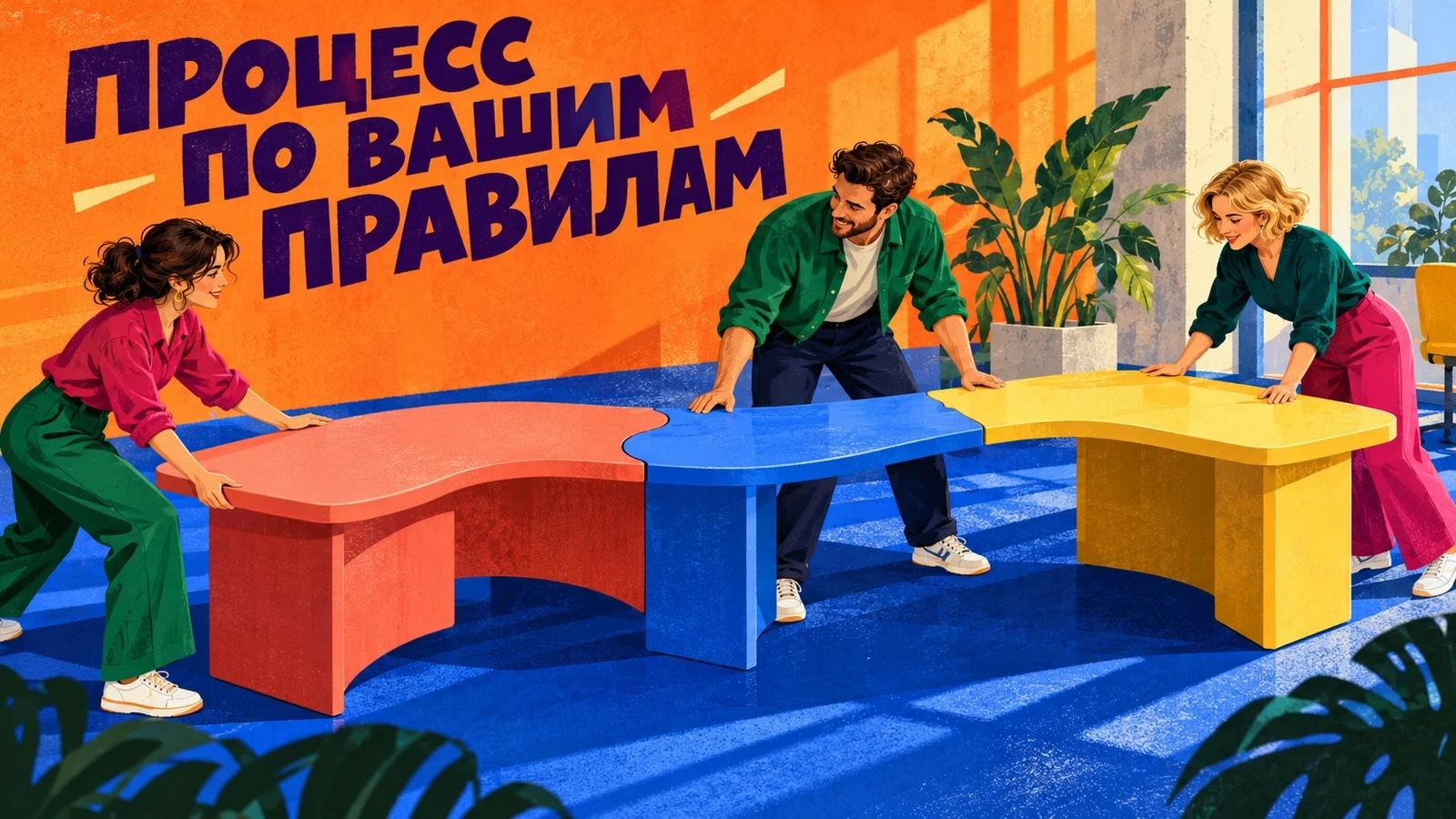 Три коллеги соединяют цветные модули рабочего стола в единую систему. Надпись: «ПРОЦЕСС ПО ВАШИМ ПРАВИЛАМ».