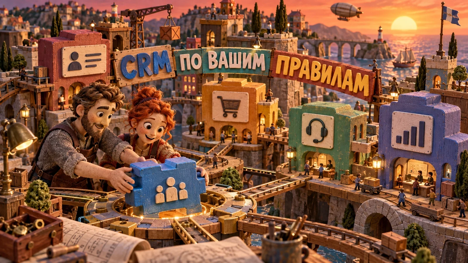 Герои стоп-моушен собирают центральный модуль в городе CRM-процессов