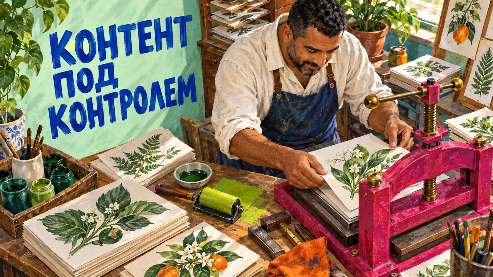 Мастер размещает страницу с ботанической иллюстрацией в малиновом печатном прессе. Слоган: «КОНТЕНТ ПОД КОНТРОЛЕМ».
