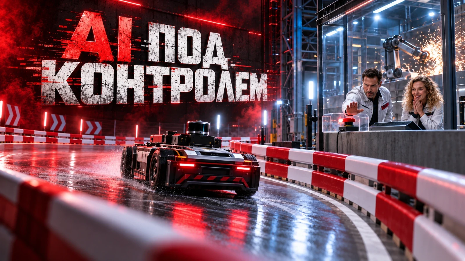 Инженеры безопасно останавливают автономную систему на постере «AI под контролем»