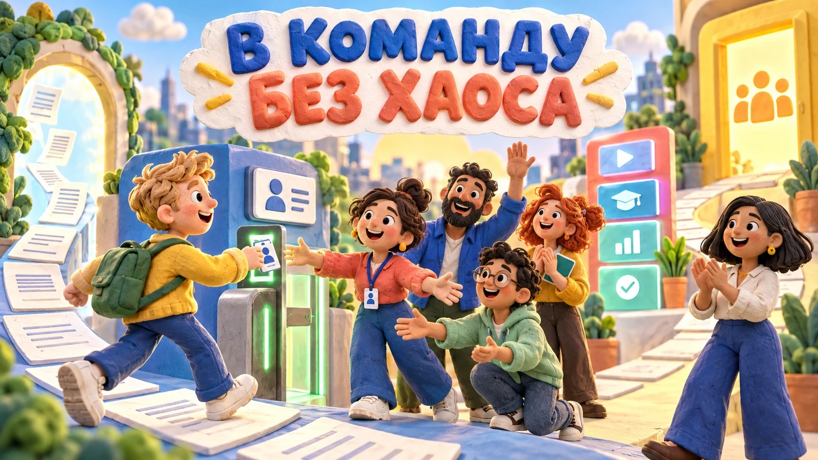 Яркая пластилиновая команда встречает нового сотрудника на автоматизированном маршруте адаптации