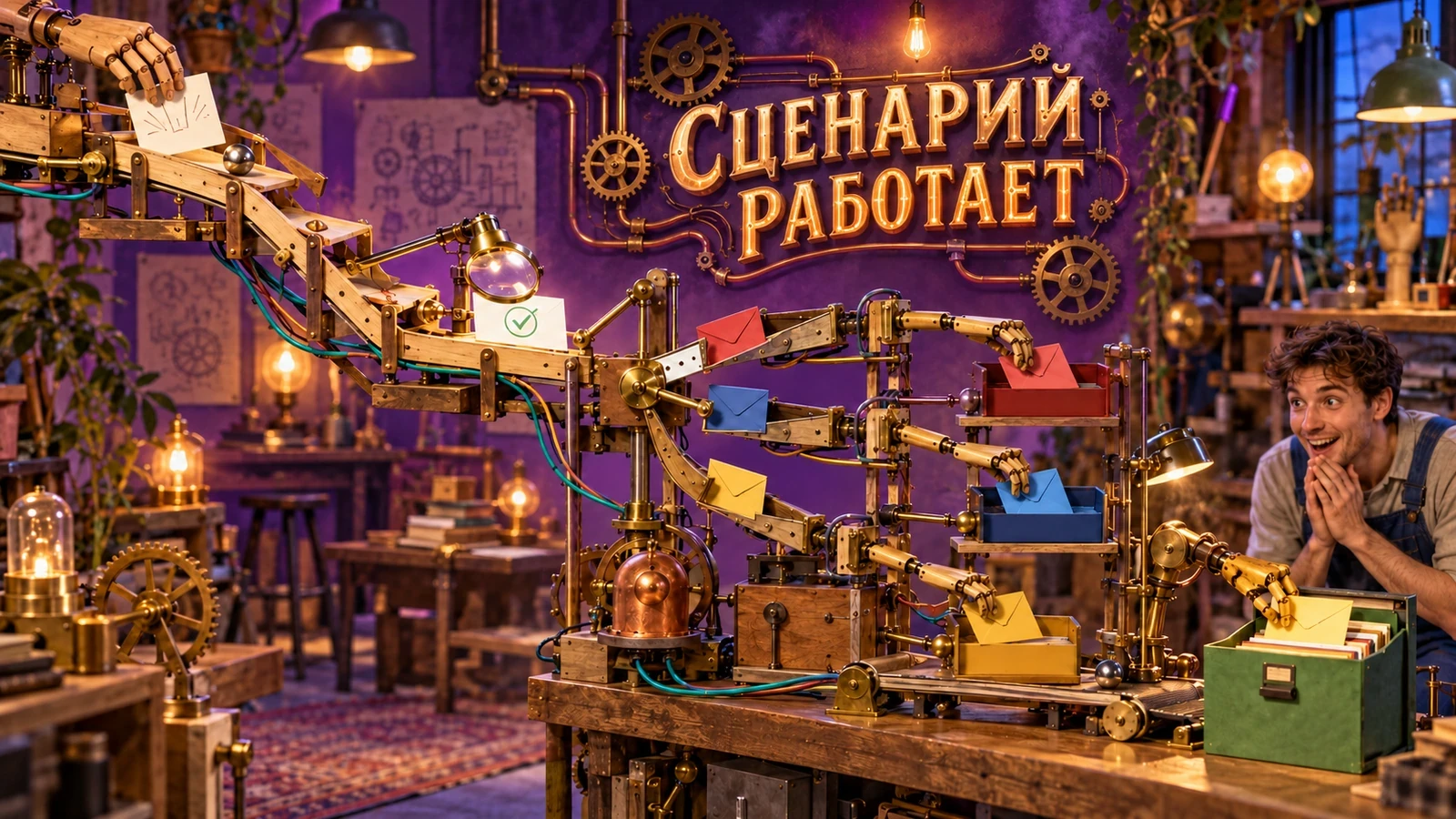 Механический workflow обрабатывает запросы на постере «Сценарий работает»
