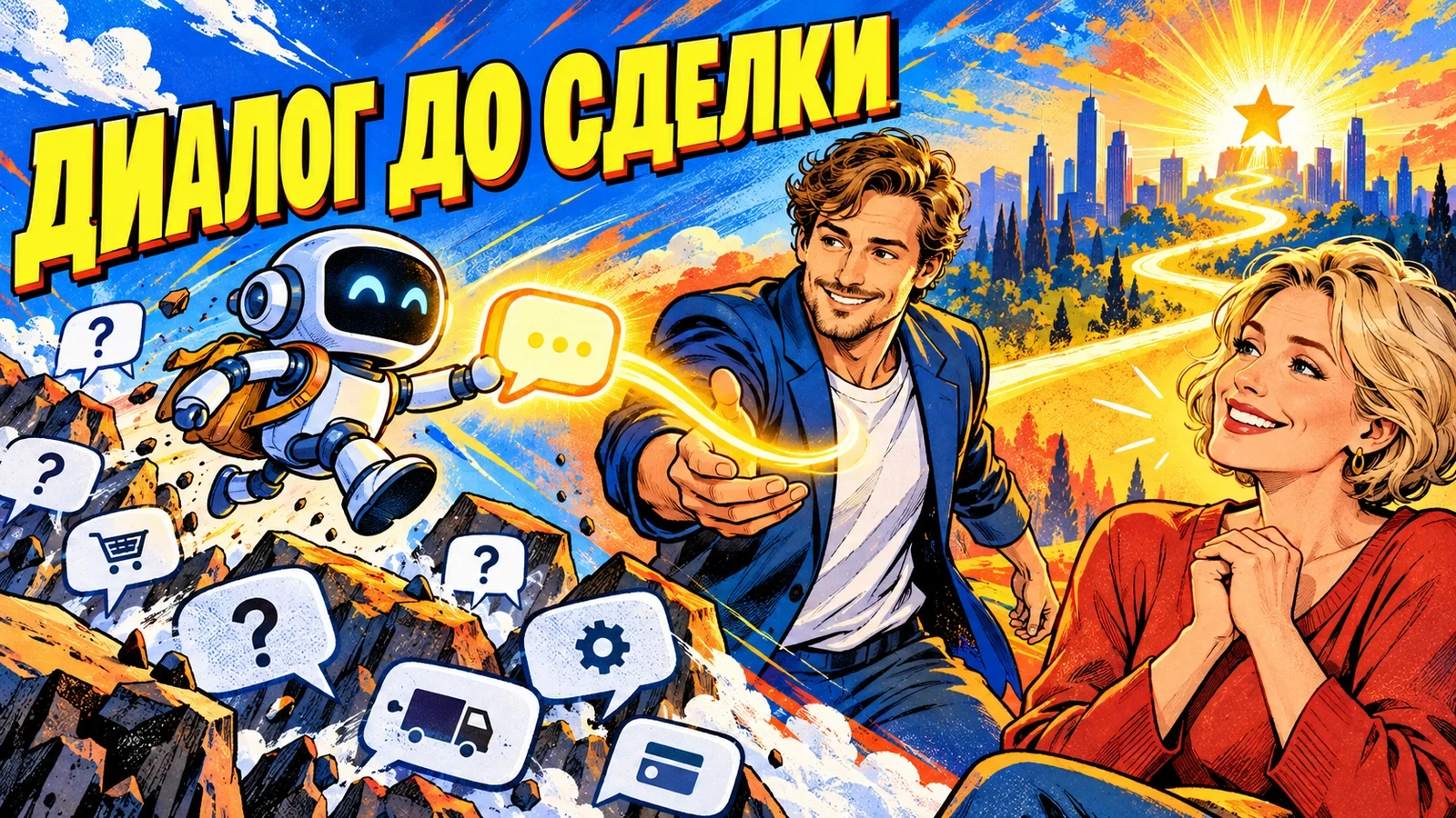 Комикс о передаче диалога от бота продавцу под заголовком «Диалог до сделки»