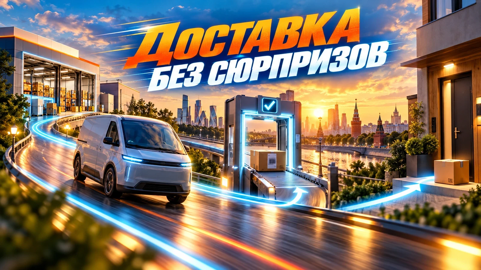 Динамичный постер доставки с фургоном, посылкой и заголовком «Доставка без сюрпризов»