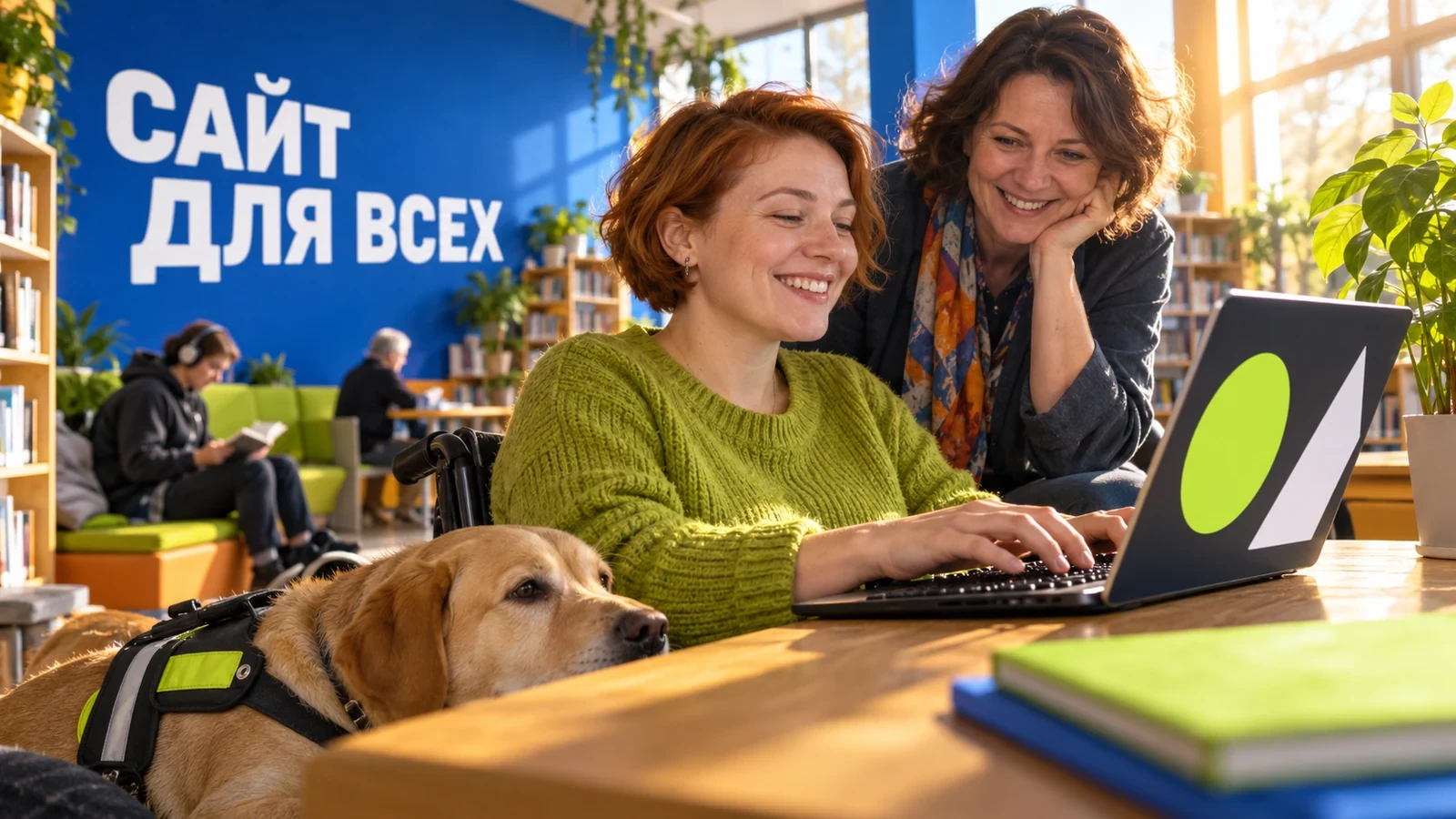 Две женщины вместе используют доступный сайт в светлой библиотеке на постере «Сайт для всех»