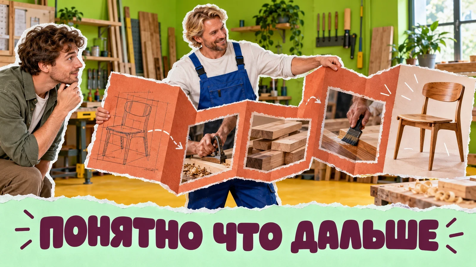 Фотоколлаж: мастер показывает заказчику бумажную последовательность изготовления деревянного стула. Слоган «ПОНЯТНО ЧТО ДАЛЬШЕ».