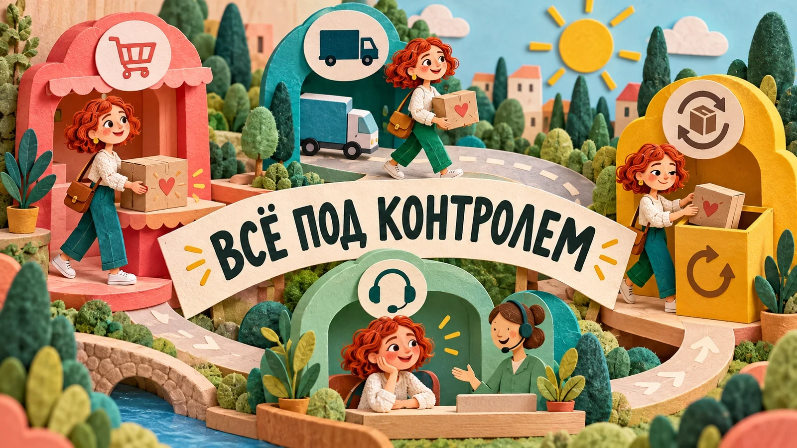 Бумажная сцена с заказом, доставкой, возвратом и поддержкой «Всё под контролем»