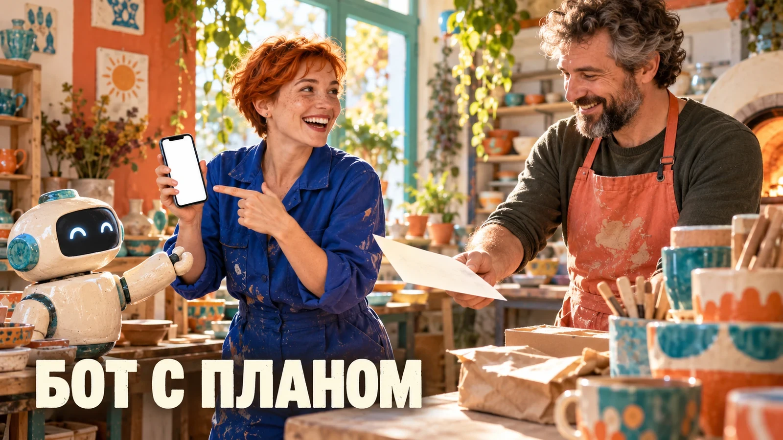Мастера в светлой мастерской передают запрос от бота человеку: «Бот с планом»