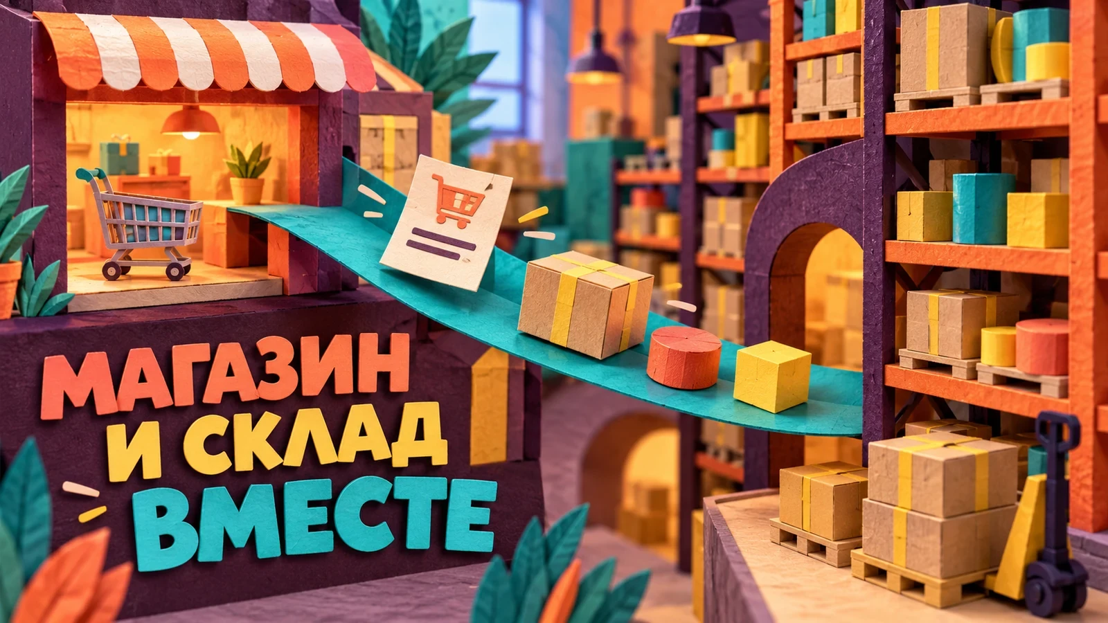 Бумажная сцена соединяет витрину магазина и склад на постере «Магазин и склад вместе»