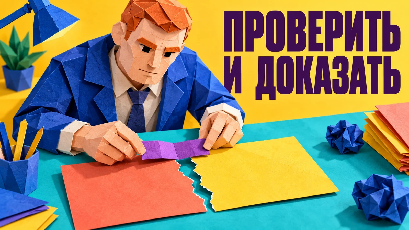 Бумажная композиция: специалист в синем костюме соединяет разноцветные фрагменты на столе. Слоган «ПРОВЕРИТЬ И ДОКАЗАТЬ».