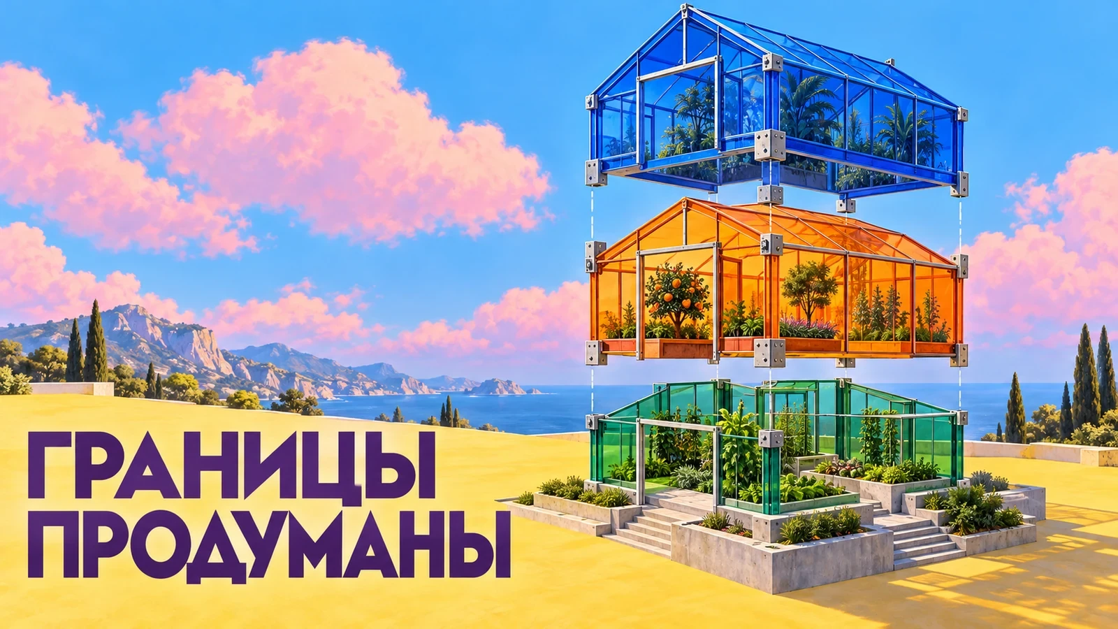 Три цветных стеклянных модуля оранжереи расположены над основаниями на фоне голубого неба. Слоган: «ГРАНИЦЫ ПРОДУМАНЫ».