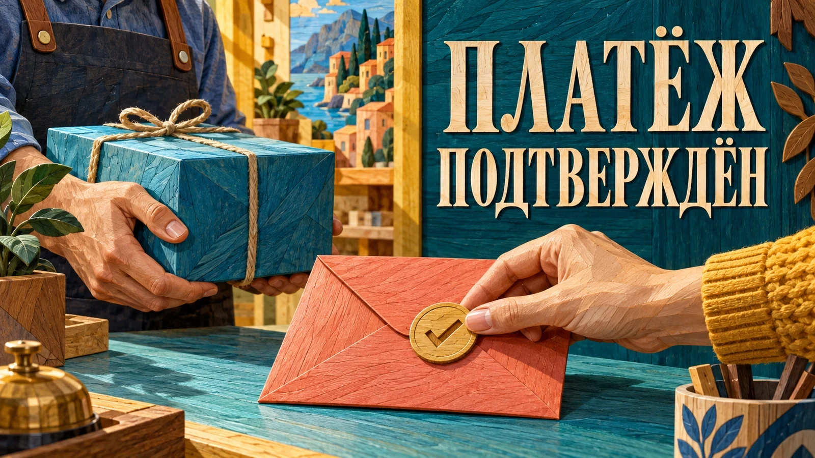 Деревянный рельеф: рука ставит золотую отметку на коралловом конверте рядом с синей посылкой. Слоган: «ПЛАТЁЖ ПОДТВЕРЖДЁН».
