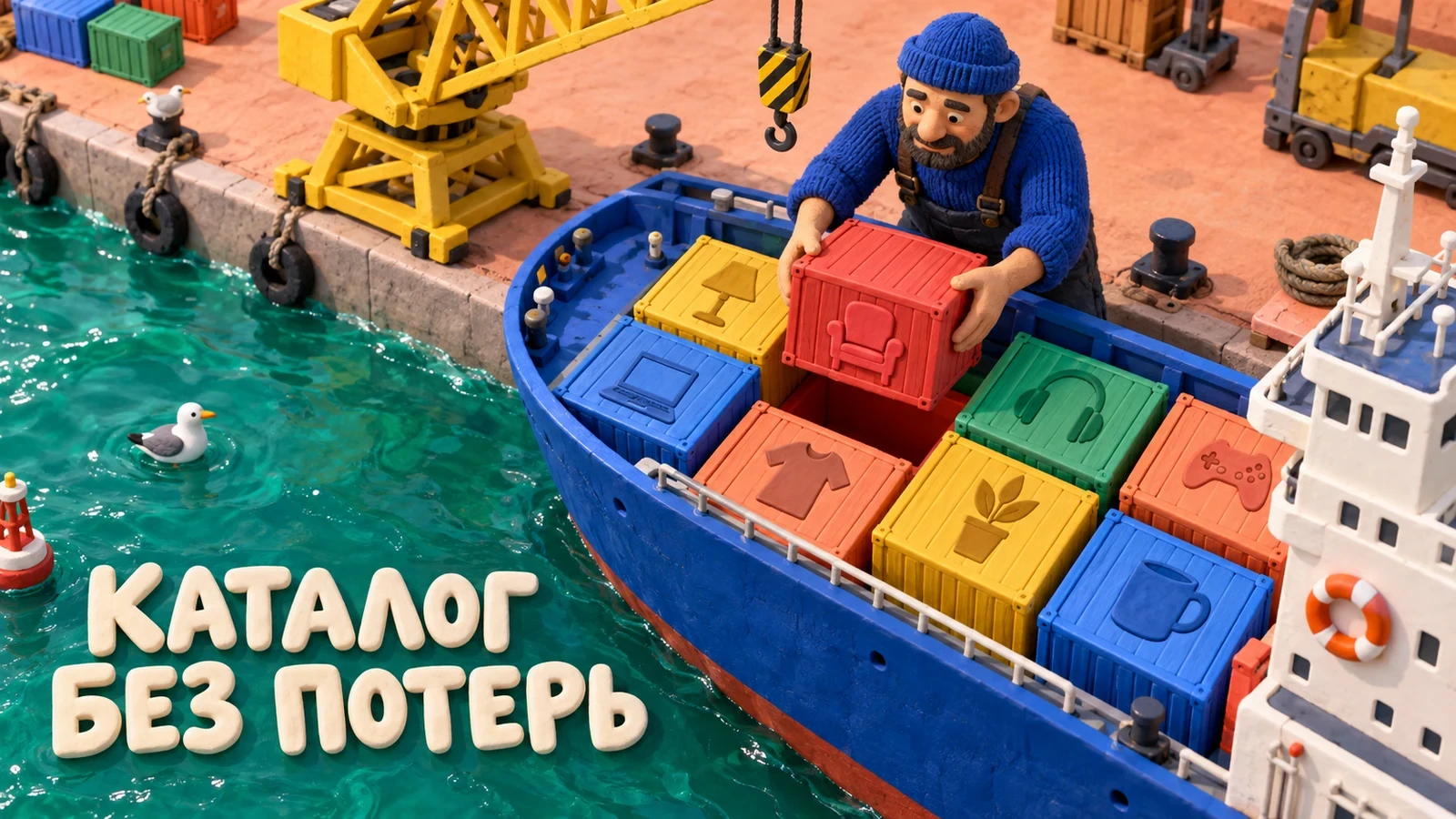 Пластилиновый портовый рабочий ставит красный контейнер в свободное место на синем судне. Слоган: «КАТАЛОГ БЕЗ ПОТЕРЬ».