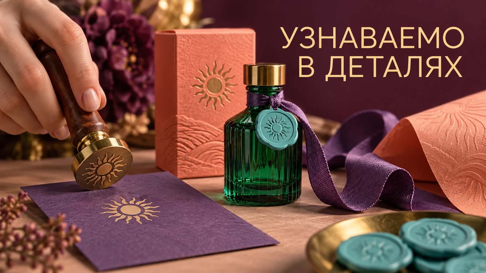 Зелёный флакон, коралловая упаковка и фиолетовая лента со знаком солнца; рука держит печать. Слоган: «УЗНАВАЕМО В ДЕТАЛЯХ».