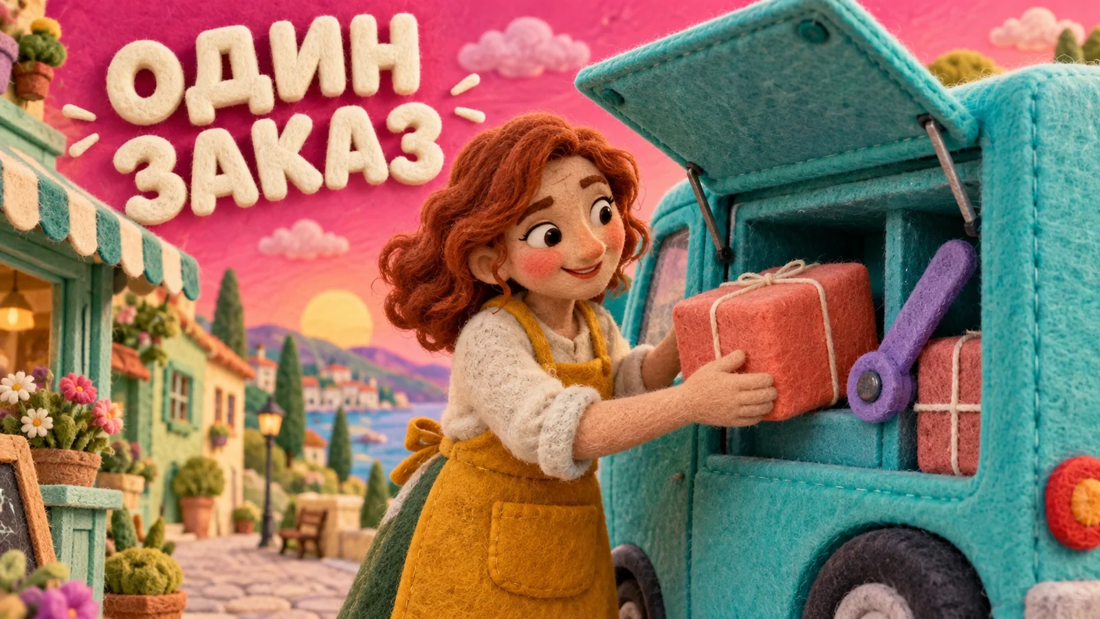 Фетровая продавщица передаёт коралловую посылку в бирюзовый фургон на яркой улице. Слоган «ОДИН ЗАКАЗ».