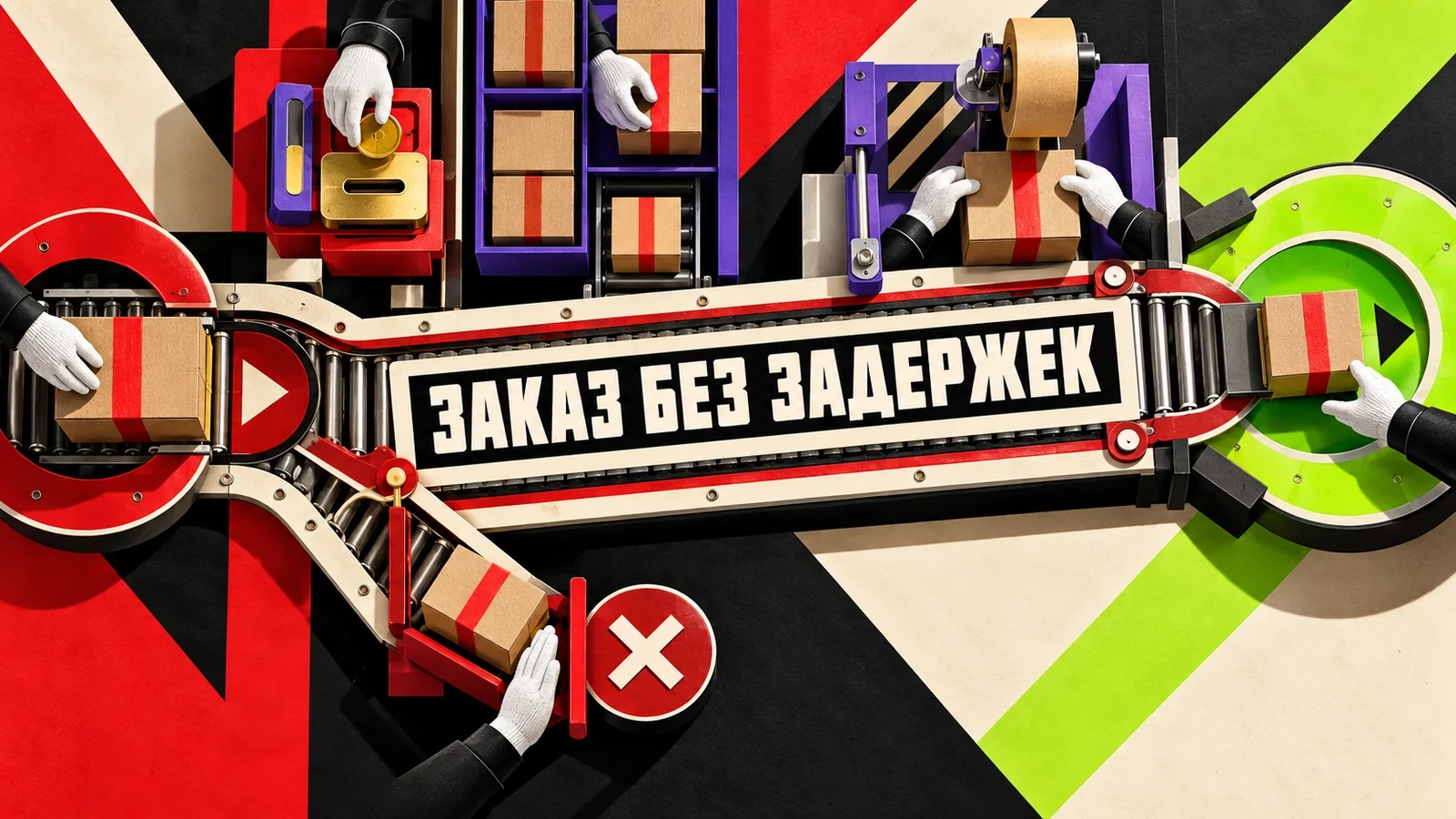 Конструктивистская линия обработки заказа без дублей под заголовком «Заказ без задержек»
