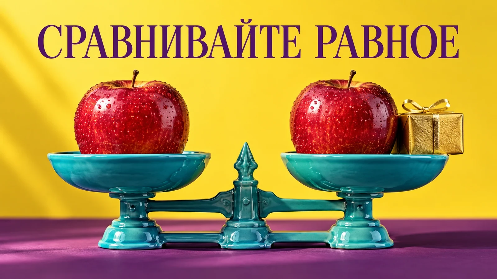 Бирюзовые весы сравнивают яблоко с яблоком и коробкой на ярко-жёлтом фоне. Слоган «СРАВНИВАЙТЕ РАВНОЕ».