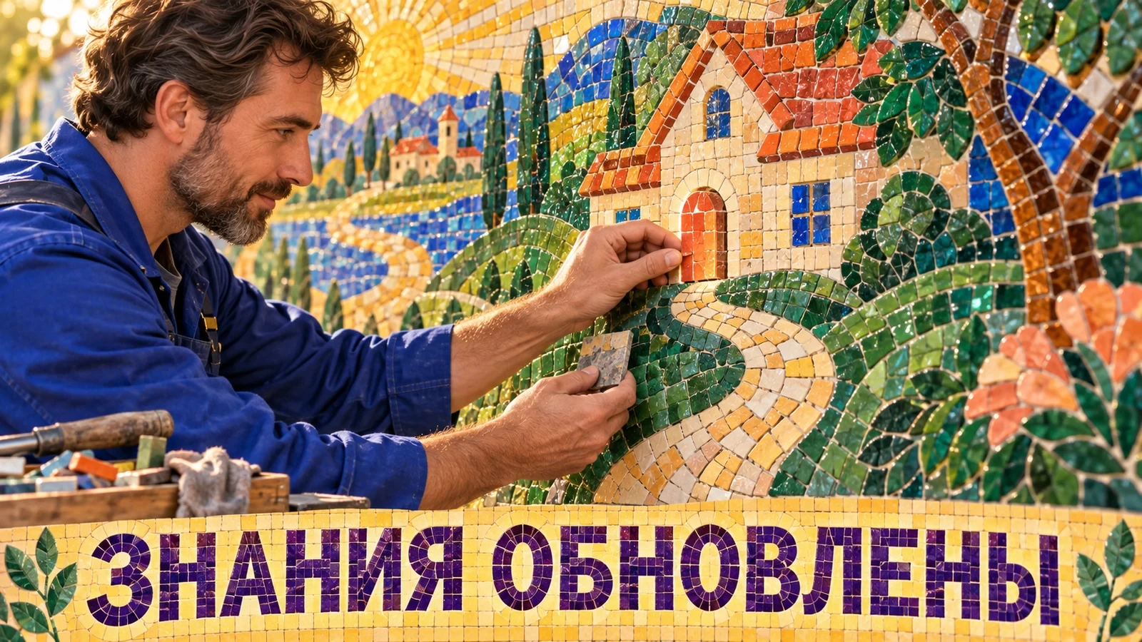 Реставратор заменяет фрагмент двери на цветной мозаике с домом и дорожкой. Слоган: «ЗНАНИЯ ОБНОВЛЕНЫ».