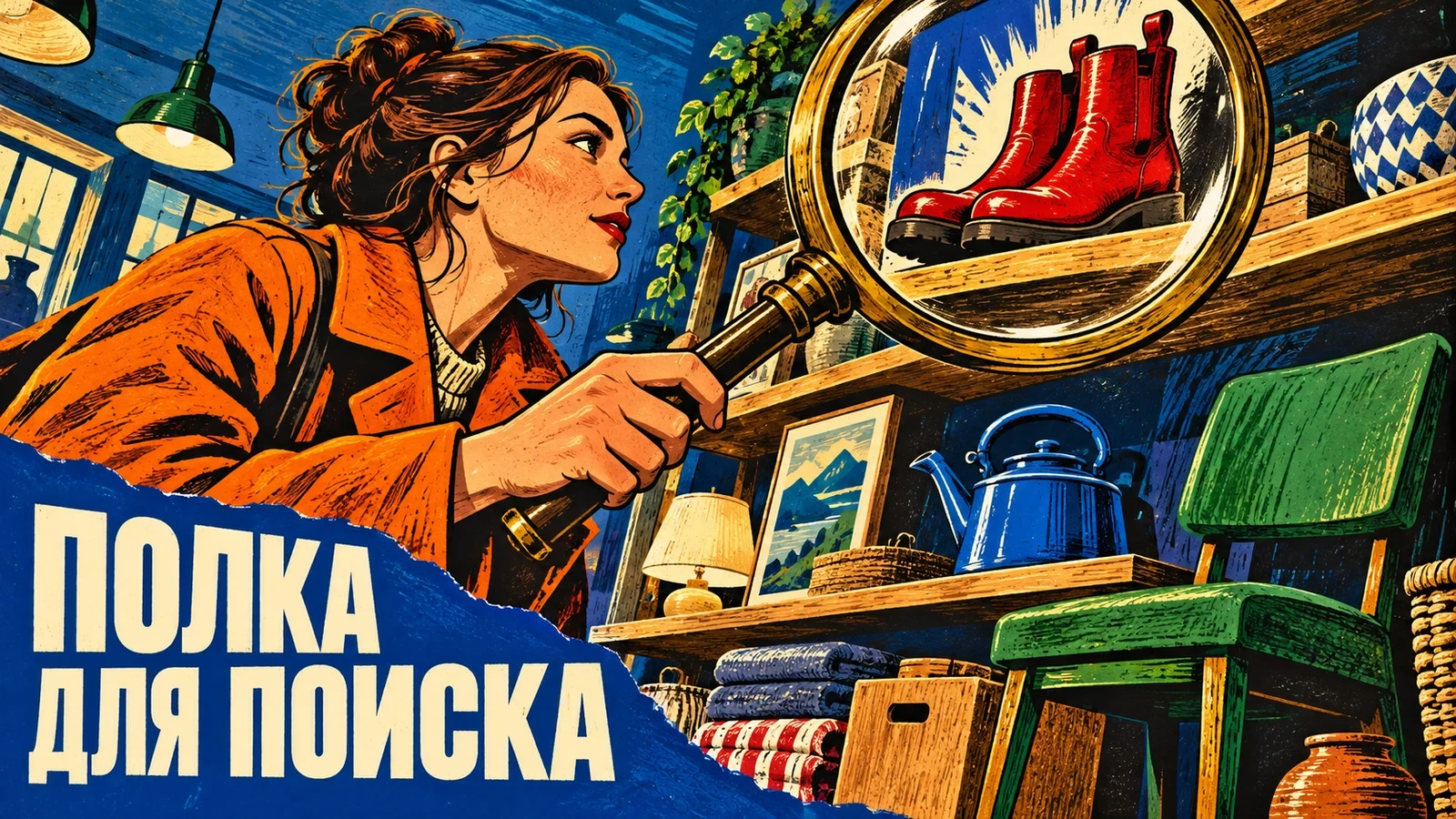 Цветная линогравюра: покупательница рассматривает красные ботинки через большую лупу среди товарных полок. Слоган: «ПОЛКА ДЛЯ ПОИСКА».