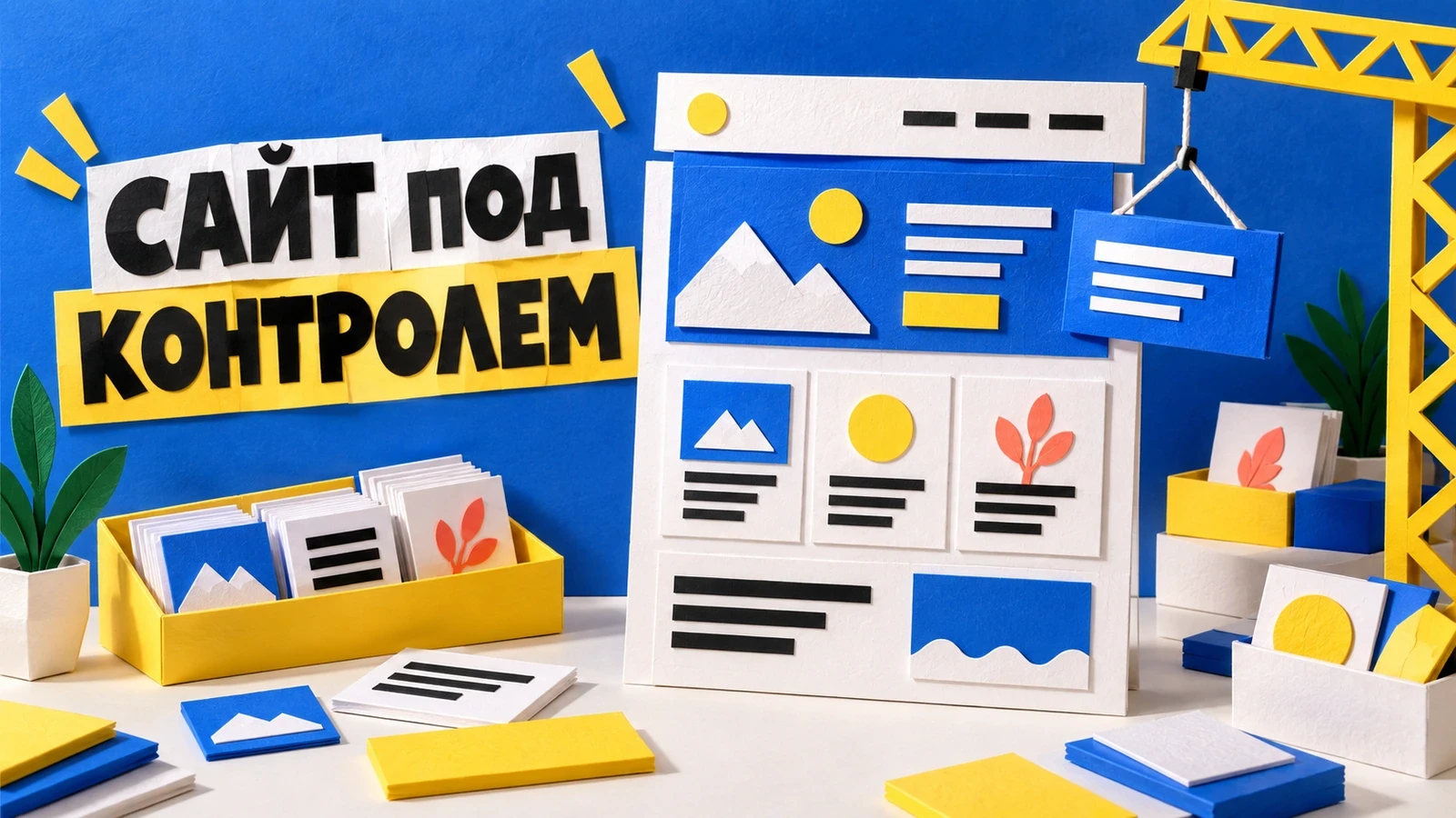 Яркий бумажный постер с модульной страницей сайта и заголовком «Сайт под контролем»