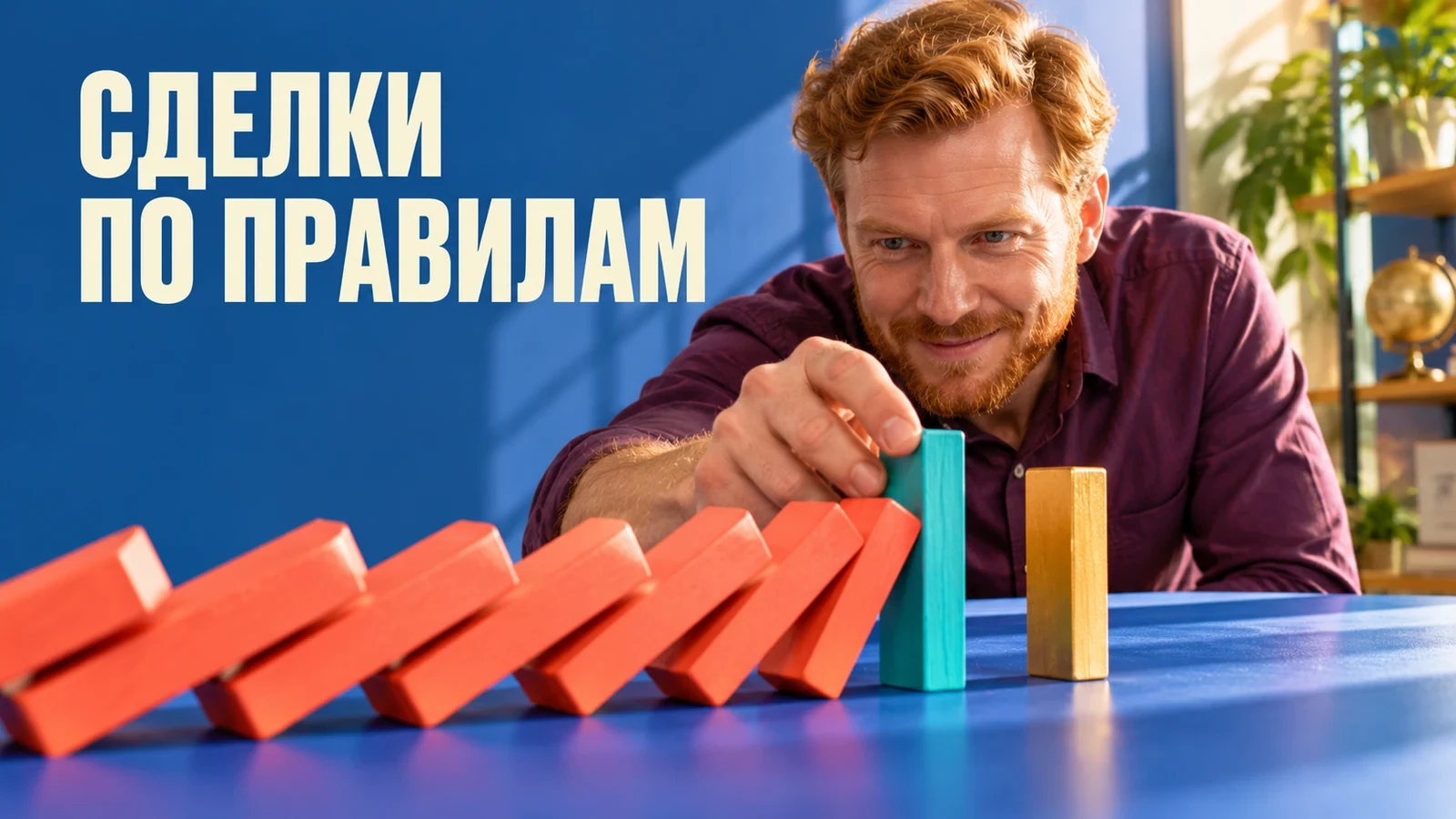 Рыжеволосый мужчина останавливает ряд падающих коралловых домино. Слоган «СДЕЛКИ ПО ПРАВИЛАМ».