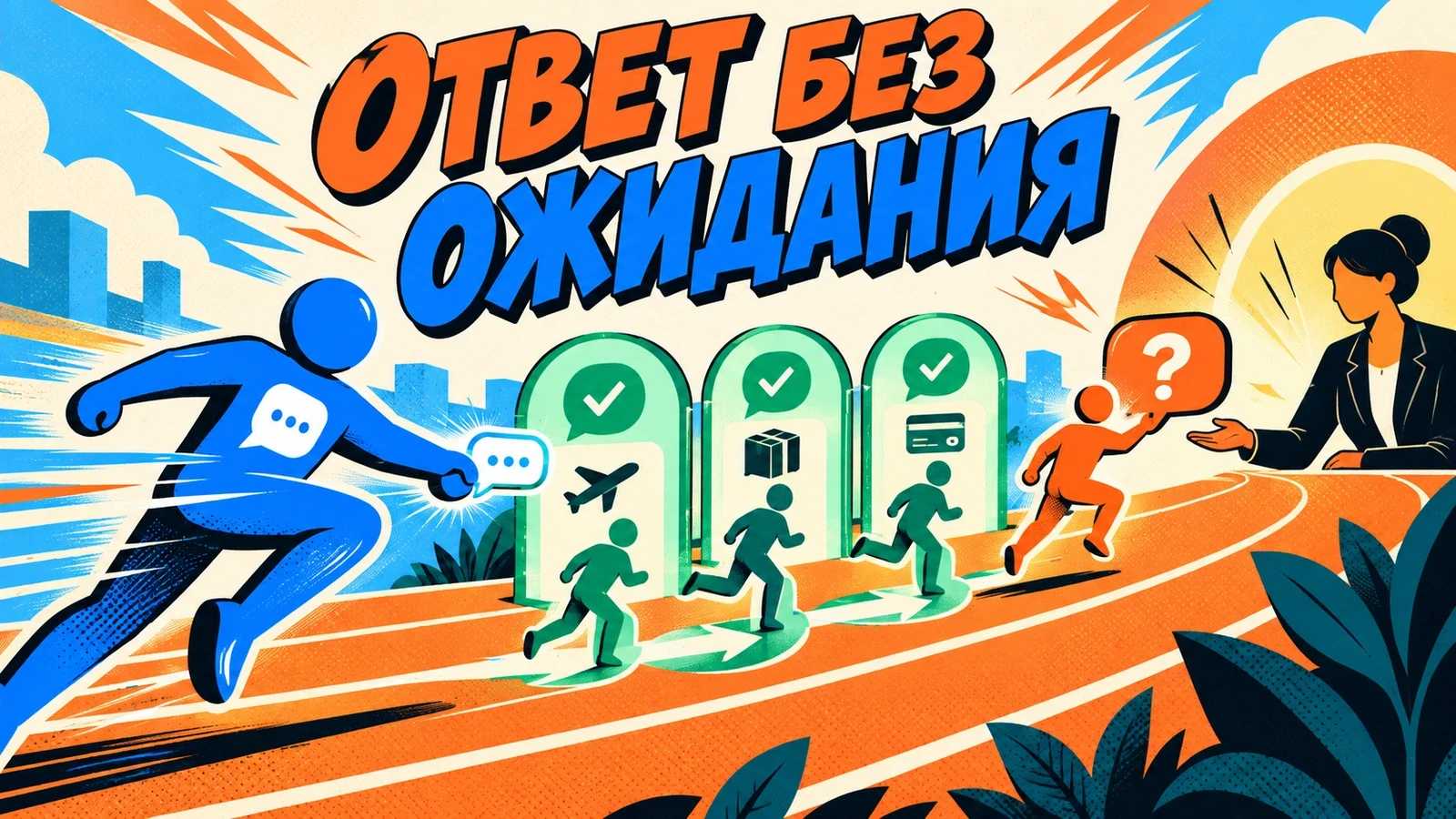 Комикс-постер о быстром ответе бота и передаче сложного вопроса специалисту