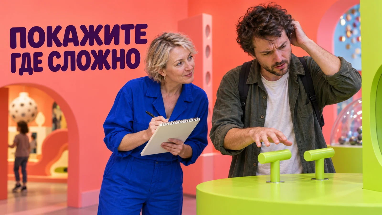 Исследовательница наблюдает, как мужчина выбирает ручку необычного устройства; коралловый музейный интерьер. Слоган «ПОКАЖИТЕ ГДЕ СЛОЖНО».