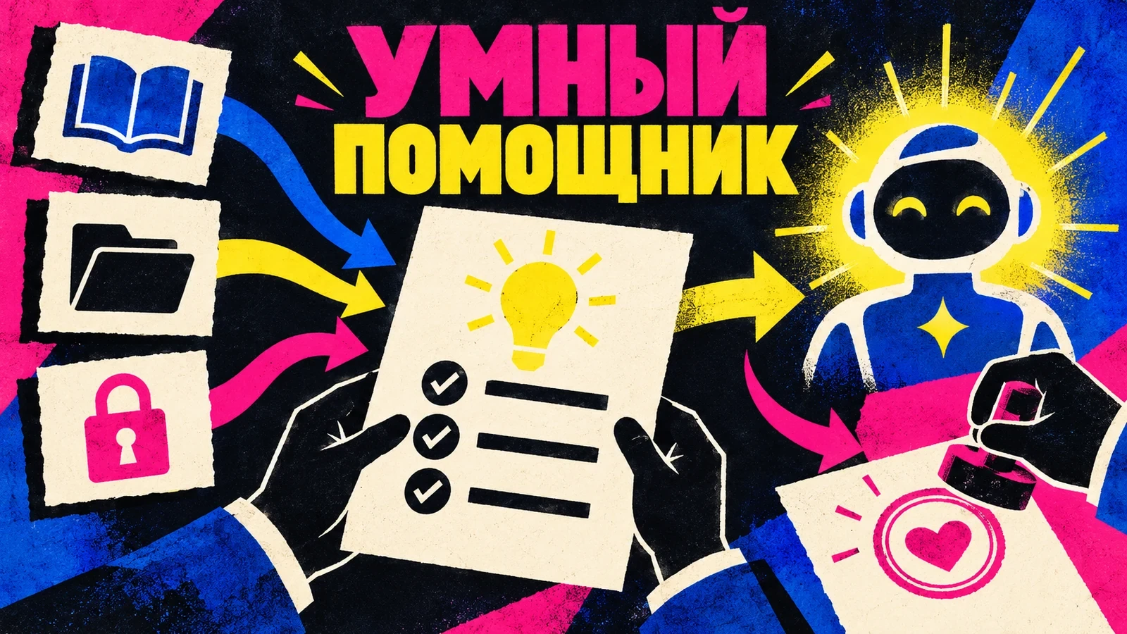 Яркий шелкографический плакат об источниках, правах и проверке AI: «Умный помощник»