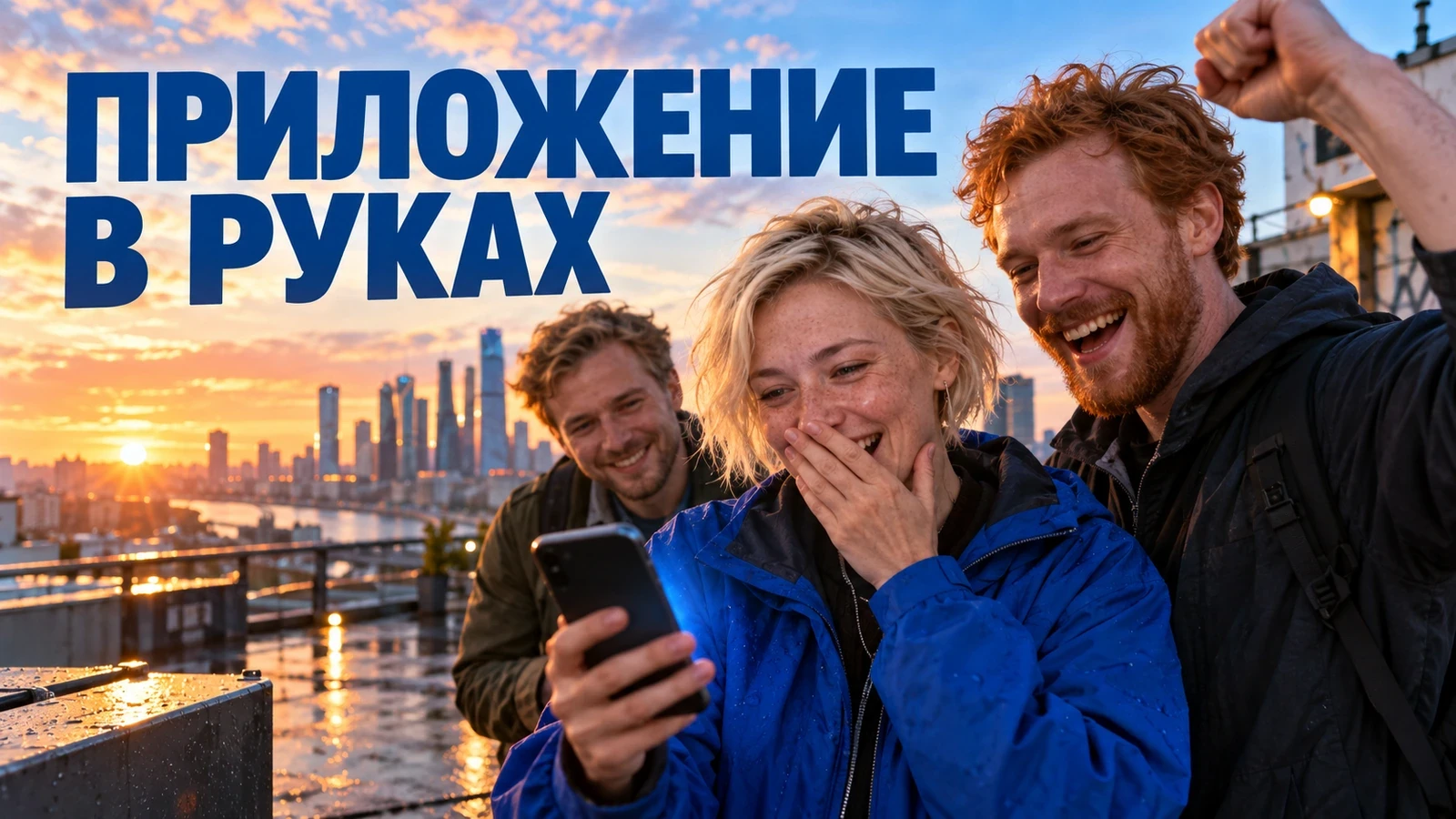 Команда радуется первому запуску приложения на городском рассвете