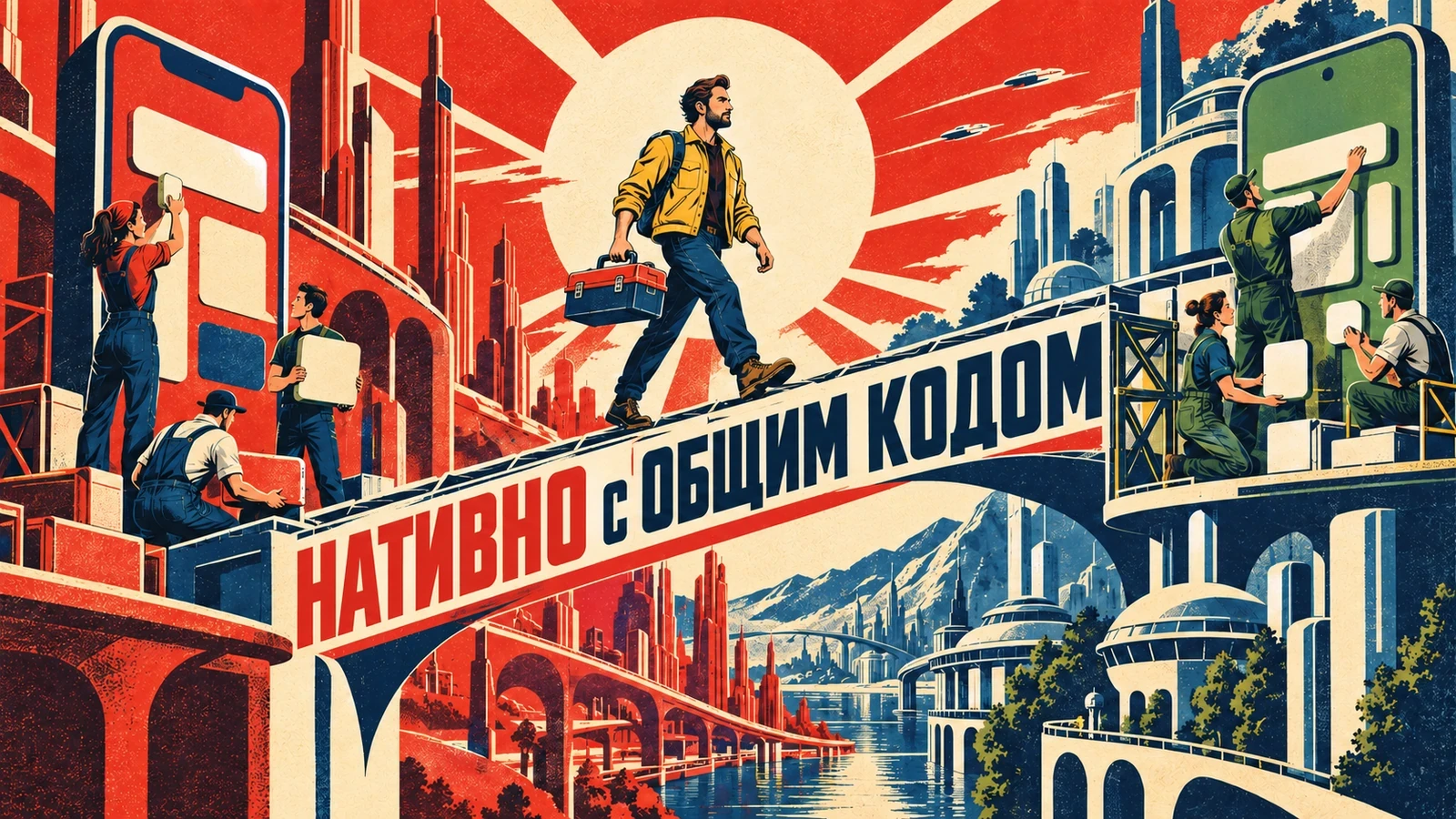 Инженер соединяет две мобильные платформы на постере «Нативно с общим кодом»