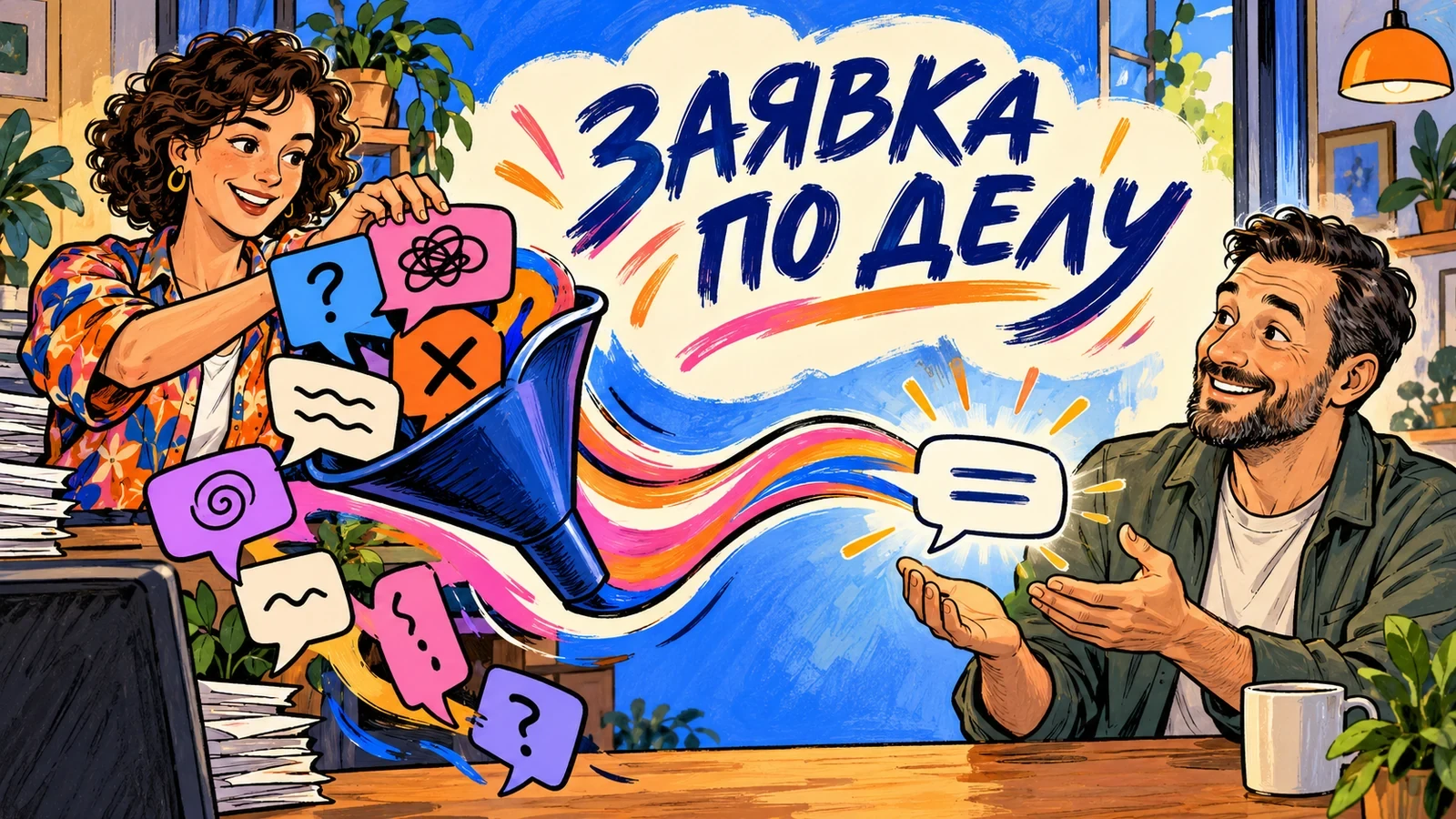 Рисованная сцена передачи осмысленной заявки на постере «Заявка по делу»