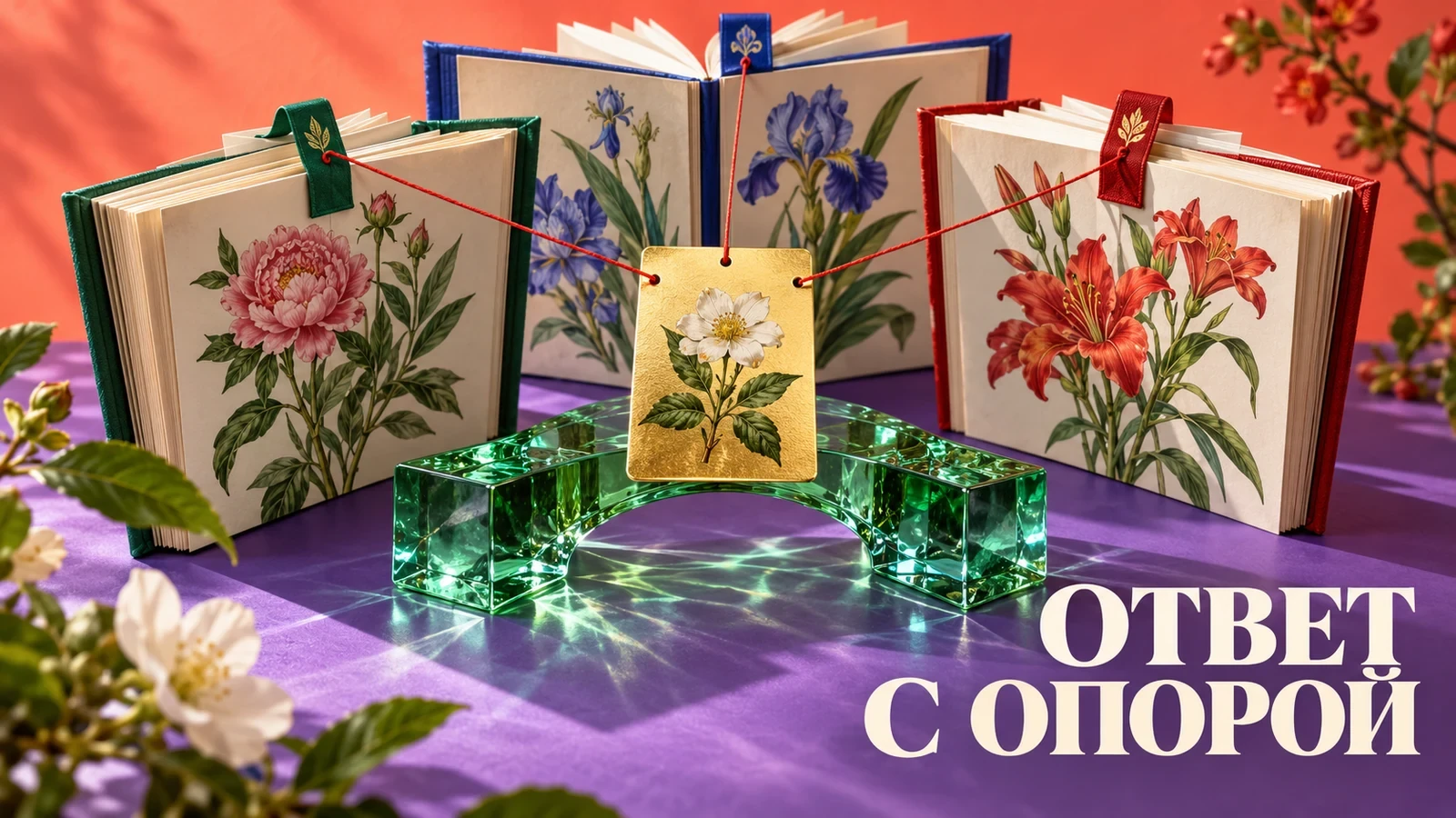 Открытые книги о цветах связаны красными нитями с золотой карточкой на зелёном стеклянном мостике. Слоган «ОТВЕТ С ОПОРОЙ».