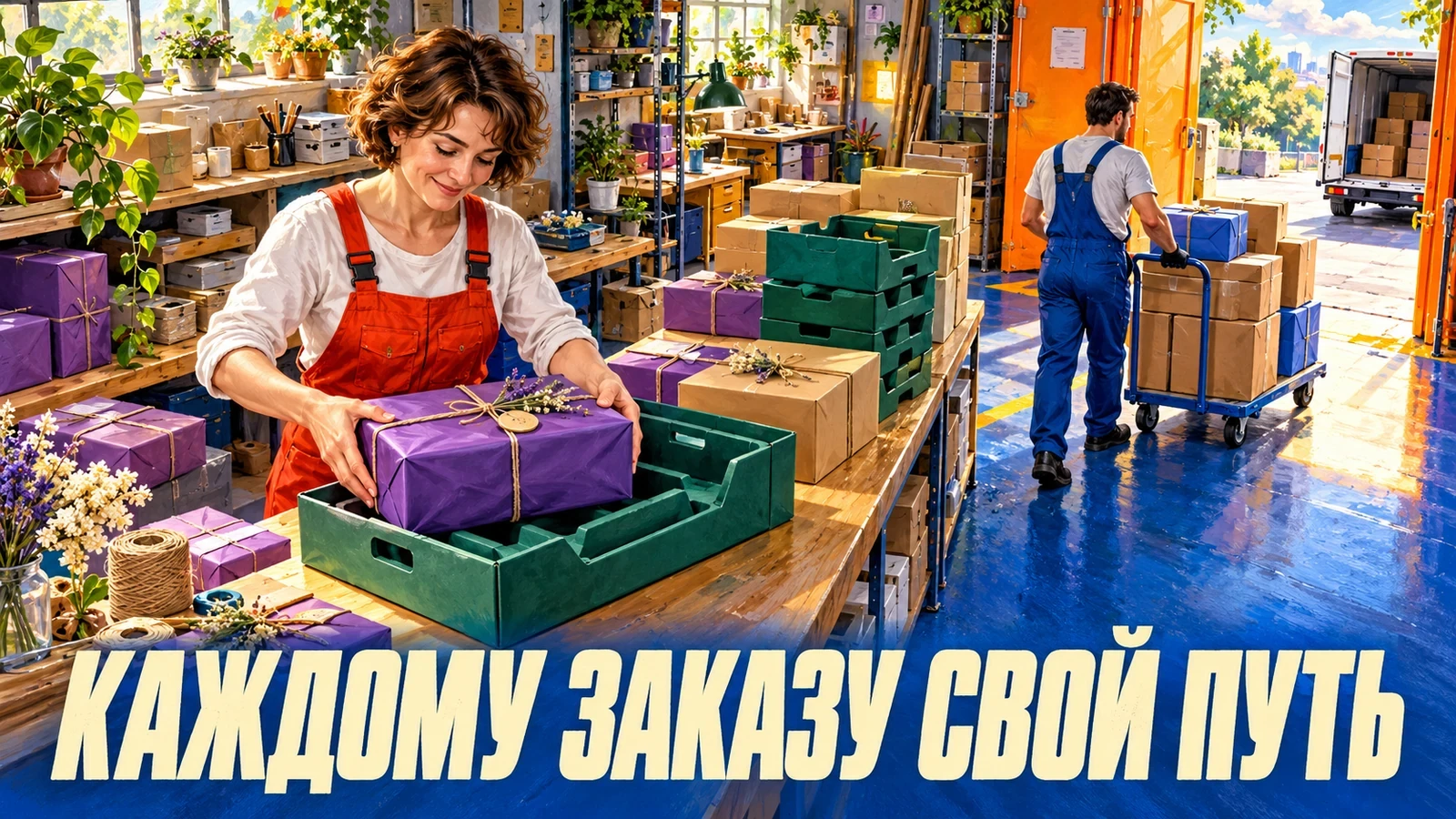 Сотрудница размещает посылку в лотке, коллега везёт заказы на тележке. Надпись: «КАЖДОМУ ЗАКАЗУ СВОЙ ПУТЬ».