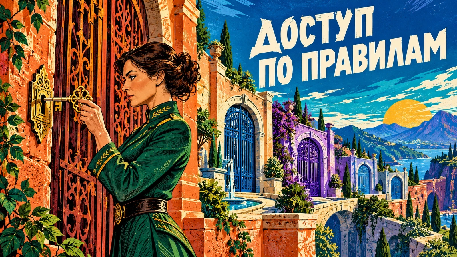 Женщина с ключом у коралловых ворот среди синих и фиолетовых арок. Надпись: «ДОСТУП ПО ПРАВИЛАМ».