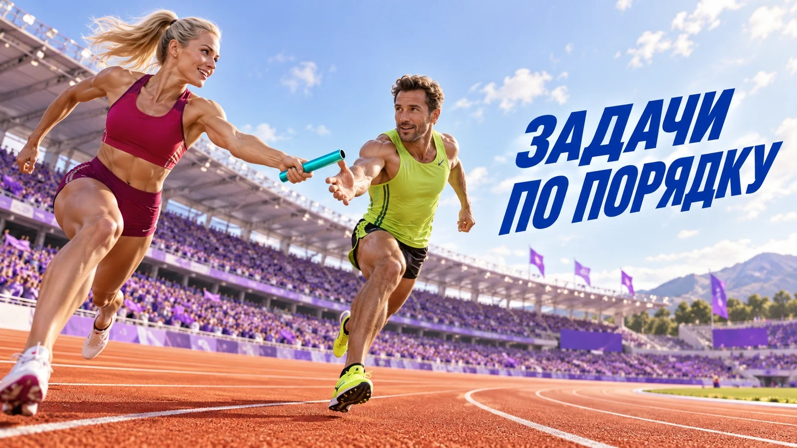 Бегунья в малиновой форме передаёт бирюзовую эстафетную палочку мужчине на яркой дорожке. Слоган: «ЗАДАЧИ ПО ПОРЯДКУ».