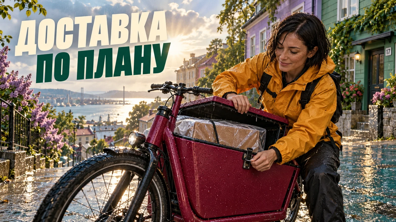 Курьер в жёлтой куртке проверяет посылку в коробе грузового велосипеда на мокрой улице. Слоган: «ДОСТАВКА ПО ПЛАНУ».