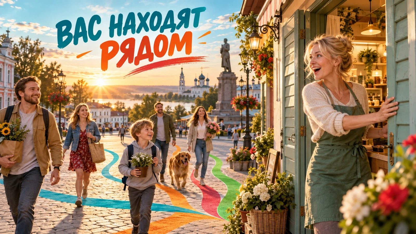 Покупатели сходятся к локальному магазину на тёплом постере регионального поиска