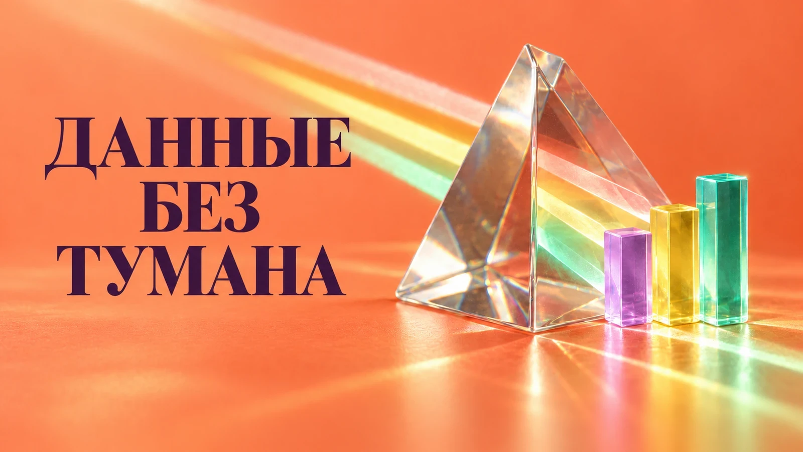 Цветные потоки данных сходятся в прозрачной призме на постере «Данные без тумана»