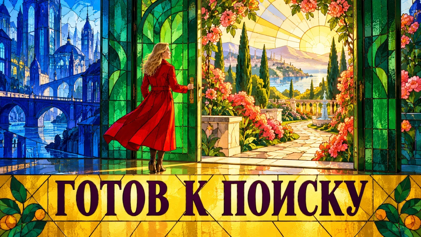 Витражный постер: женщина в красном пальто открывает дверь из синего города в солнечный сад. Слоган «ГОТОВ К ПОИСКУ».