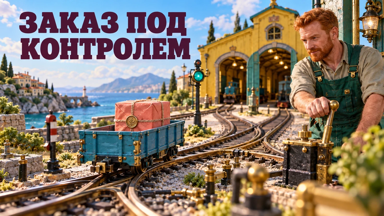Рыжеволосый диспетчер направляет вагонетку с посылкой к жёлтому депо. Слоган: «ЗАКАЗ ПОД КОНТРОЛЕМ».