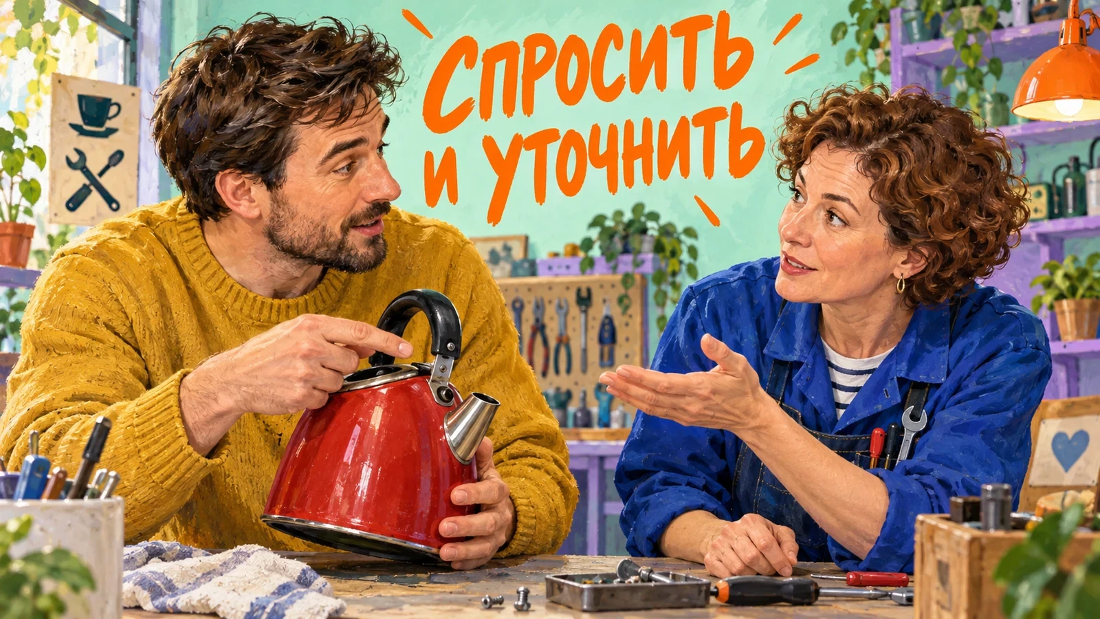 Живописный постер: мужчина показывает красный чайник, а мастер уточняет проблему жестом. Слоган: «СПРОСИТЬ И УТОЧНИТЬ».