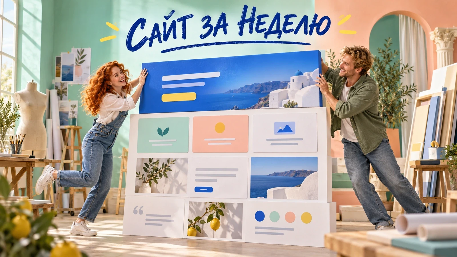 Основательница и дизайнер собирают модульную страницу сайта на ярком кинопостере
