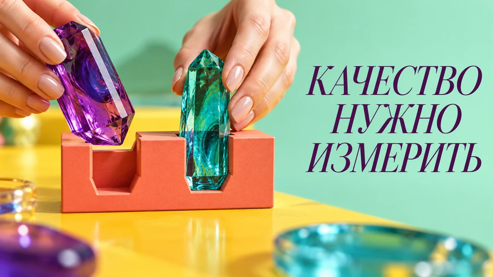 Руки сравнивают цветные стеклянные элементы с измерительным шаблоном. Надпись: «КАЧЕСТВО НУЖНО ИЗМЕРИТЬ».