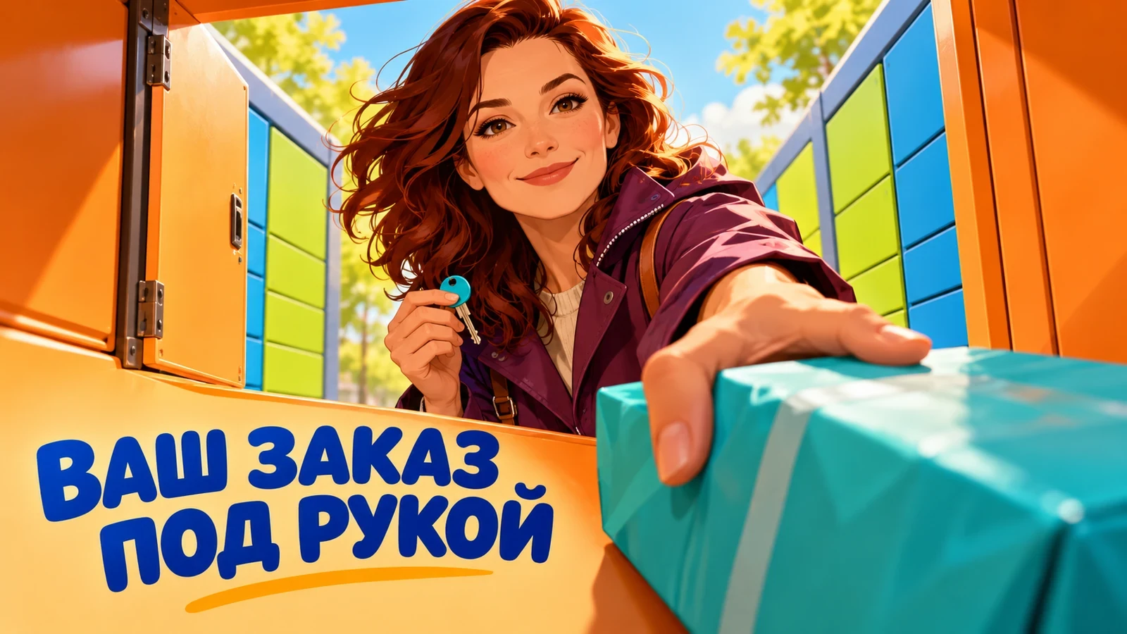 Покупательница открывает оранжевую ячейку с бирюзовой посылкой. Надпись: «ВАШ ЗАКАЗ ПОД РУКОЙ».