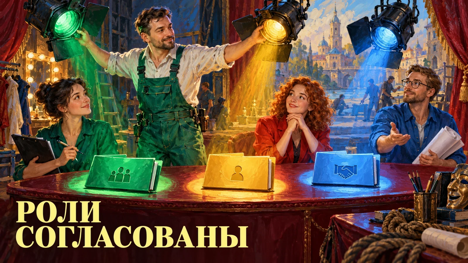 Живописный театральный постер: руководитель распределяет работу между участниками с разноцветными папками. Слоган «РОЛИ СОГЛАСОВАНЫ».
