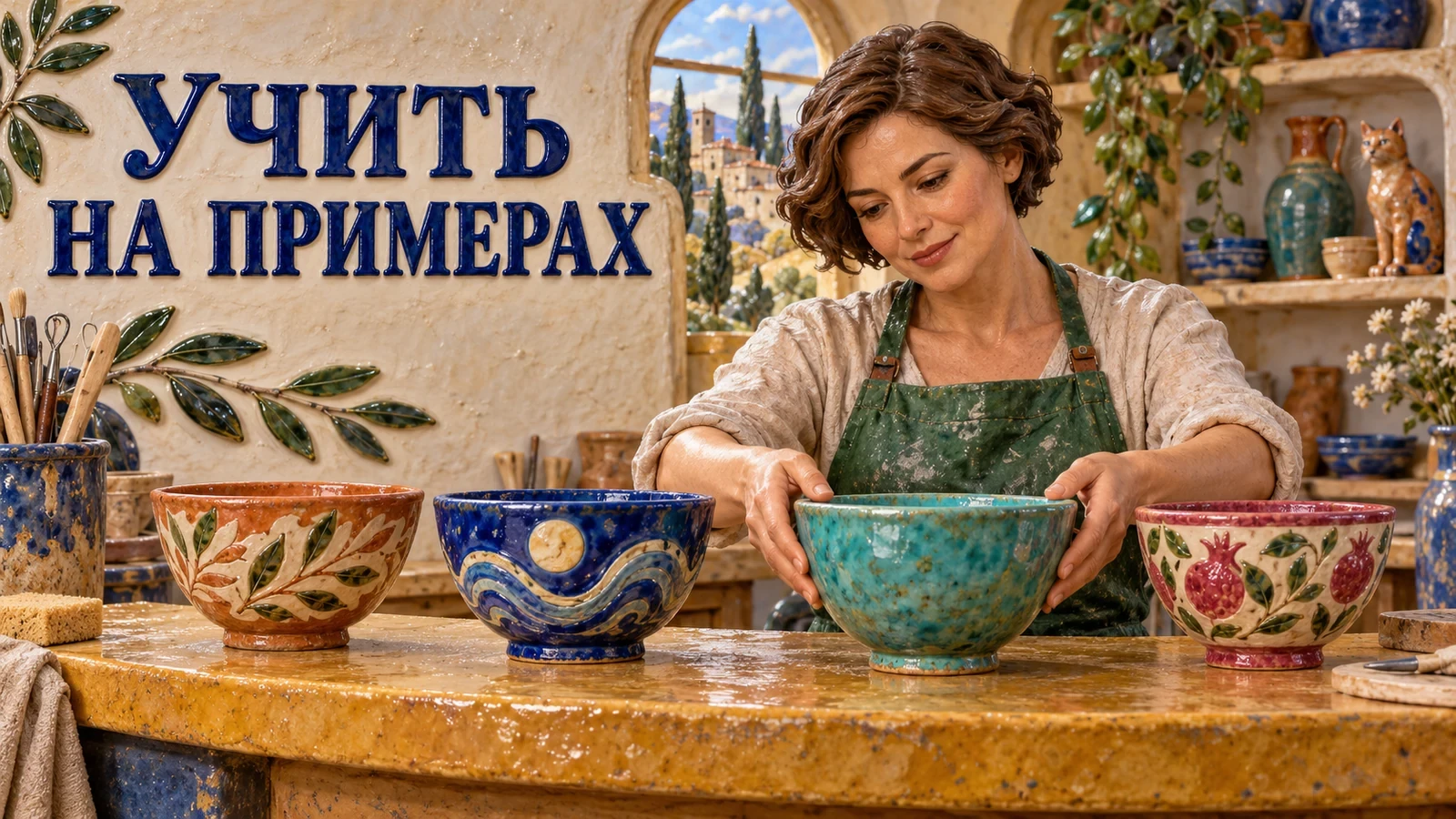 Мастерица сравнивает бирюзовую керамическую чашу с тремя расписными образцами. Слоган: «УЧИТЬ НА ПРИМЕРАХ».