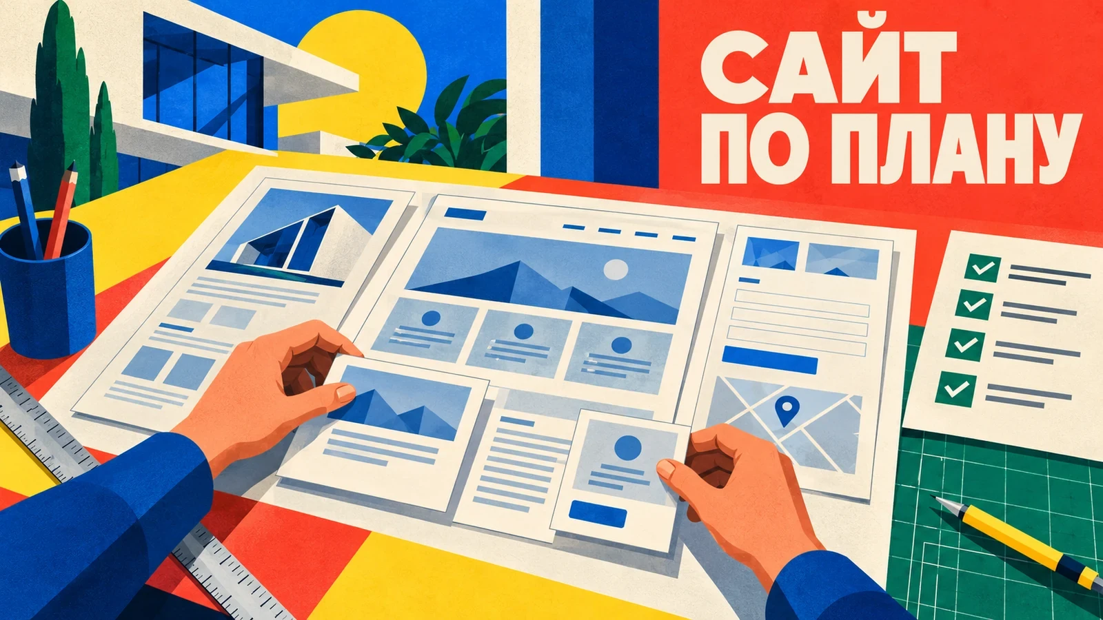 Дизайнер собирает структуру корпоративного сайта на ярком графическом постере «Сайт по плану»